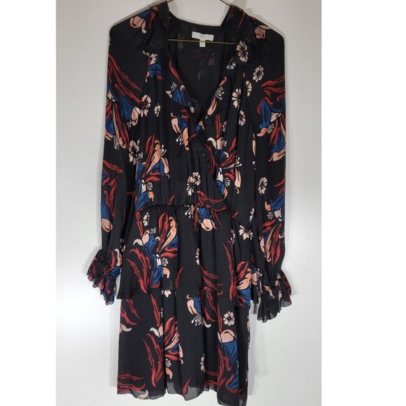 Joie Nour Floral Tiered Ruffle Silk A-Line Dress Black & Multi Womens Size Small - Picture 3 of 5